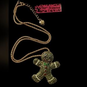 Betsey Johnson Green Stones, Enamel, and and Gold Tone Gingerbread Necklace